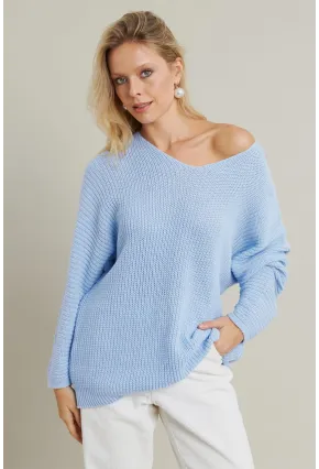 Kadın Açık-Mavi V Yaka Salaş Triko Bluz SMT158