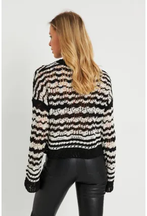 Kadın Ajurlu Triko Bluz Beyaz-Siyah YZ619