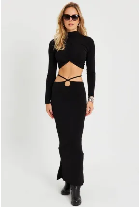 Kadın Alt Üst Büzgülü Crop Takım Siyah YEL86