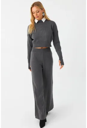 Kadın Antrasit Alt Üst Triko Takım ELT163