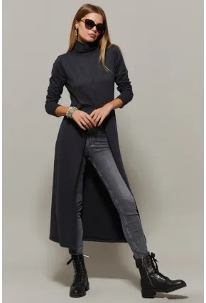 Kadın Antrasit Balıkçı Yaka Uzun Yırtmaçlı Tunik EY1150