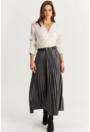 Kadın Antrasit Beli Lastikli Pilise Etek GÇ190