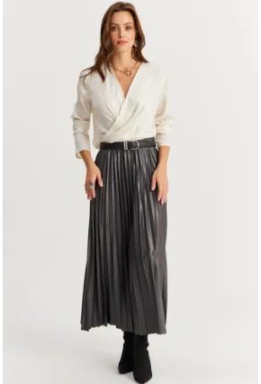 Kadın Antrasit Beli Lastikli Pilise Etek MGÇ190