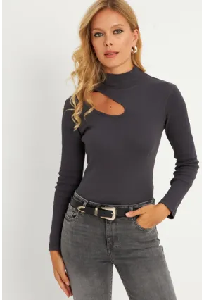 Kadın Antrasit Çapraz Yaka Yarım Balıkçı Bluz B1404