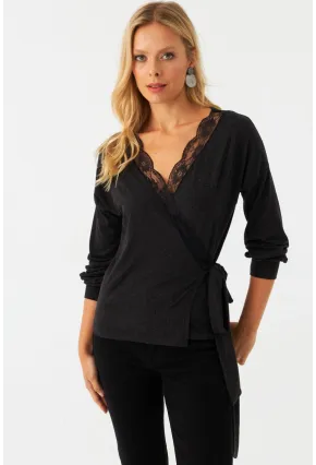 Kadın Antrasit Dantel Detaylı Kruvaze Bluz EY2992