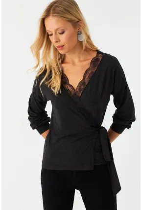 Kadın Antrasit Dantel Detaylı Kruvaze Bluz EY2992