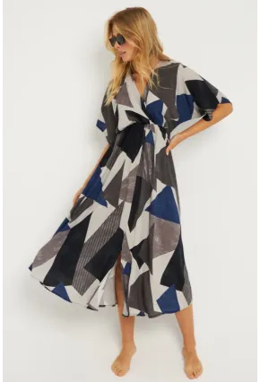 Kadın Antrasit Desenli Kruvaze Midi Elbise HT108