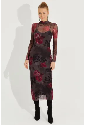 Kadın Antrasit Desenli Midi Tül Elbise YEL221355