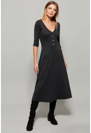 Kadın Antrasit Düğme Aksesuarlı V Yaka Elbise EY1123