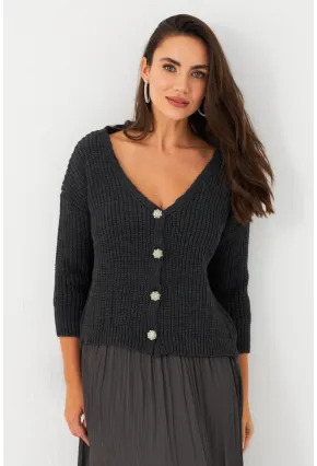 Kadın Antrasit Düğme Detaylı Hırka KAZ30