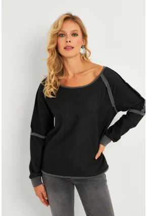 Kadın Antrasit Kayık Yaka Ters Dikişli Sweatshirt TF10