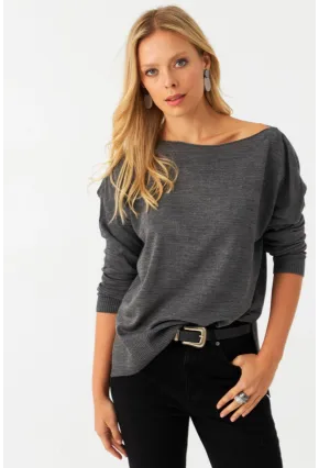 Kadın Antrasit Kayık Yaka Triko Bluz YİL561