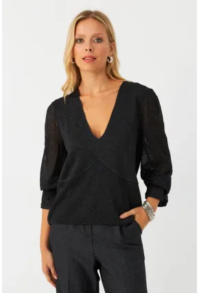Kadın Antrasit Kol Detaylı Metalik Bluz AYD391