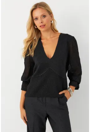 Kadın Antrasit Kol Detaylı Metalik Bluz AYD391