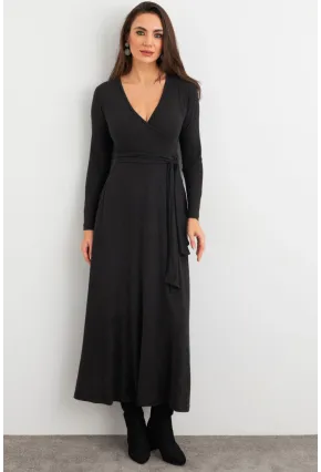 Kadın Antrasit Kruvaze Bağlamalı Midi Elbise EY3020