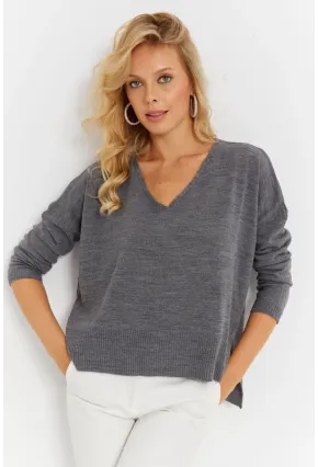 Kadın Antrasit Önü Kısa Triko Kazak YİL551