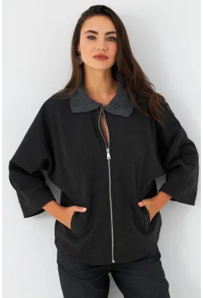 Kadın Antrasit Örme Yaka Kaşe Ceket CAR1080
