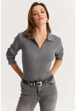 Kadın Antrasit Polo Yaka Kaşkorse Bluz LON3006