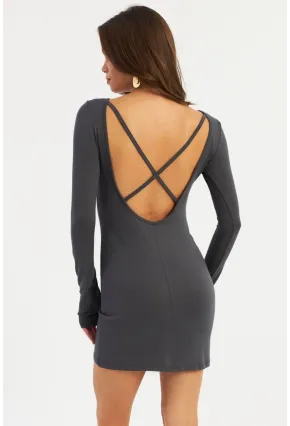 Kadın Antrasit Sırt Dekolteli Mini Elbise HOR36