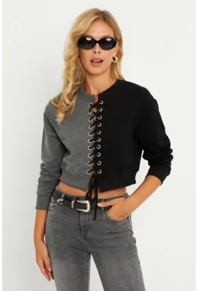 Kadın Antrasit-Siyah Kuşgözlü Kısa Sweatshirt TF02