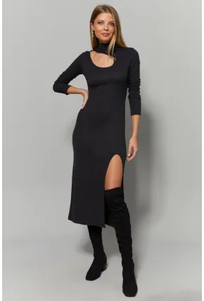 Kadın Antrasit Yaka Pencereli Yırtmaçlı Elbise Yİ1984