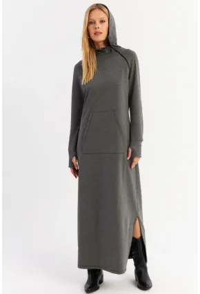 Kadın Antrasit Yakası Fermuarlı Maxi Sweat Elbise MTF12