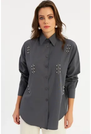 Kadın Antrasit Zımbalı Gömlek MASF1