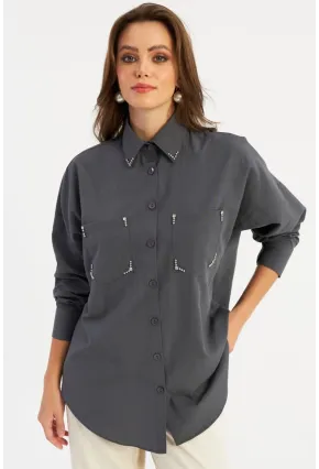 Kadın Antrasit Zımbalı Gömlek MASF2