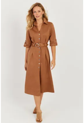 Kadın Badem Nubuk Midi Gömlek Elbise KED4023