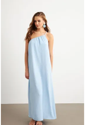 Kadın Bebe Mavi Tek Omuz Maxi Elbise İRE1012