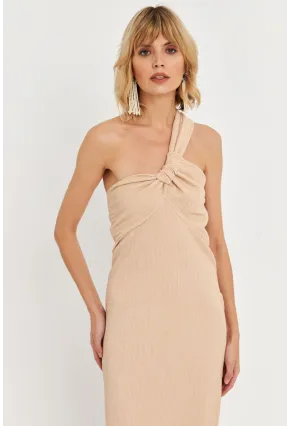 Kadın Bej Asimetrik Yaka Maxi Elbise NH25455