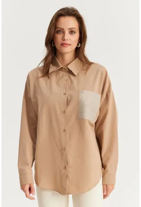 Kadın Bej Cepli Taşlı Gömlek ZER414
