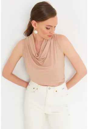 Kadın Bej Sırt Pencereli Desenli Bluz LPP1021