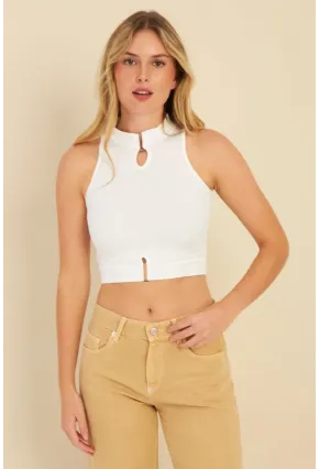 Kadın Beyaz Aksesuarlı Crop Bluz CG340