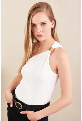 Kadın Beyaz Asimetrik Aksesuarlı Bluz FRY2311