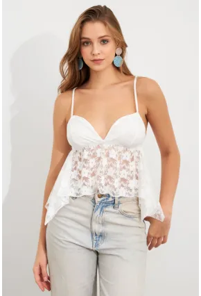 Kadın Beyaz Askılı Dantel Crop Bluz MTK13458