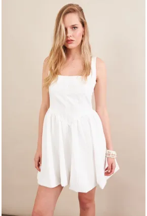 Kadın Beyaz Askılı Mini Balon Elbise ERL105
