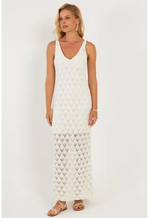 Kadın Beyaz Astarlı Triko Maxi Elbise KZ3211