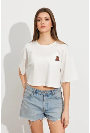 Kadın Beyaz Ayıcık Nakışlı Crop T-Shirt ATS8700