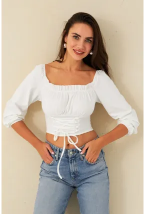 Kadın Beyaz Bağlama Detaylı Crop Bluz CG387