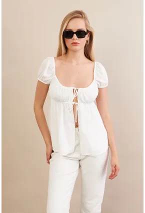 Kadın Beyaz Bağlamalı Rustik Bluz ZH128