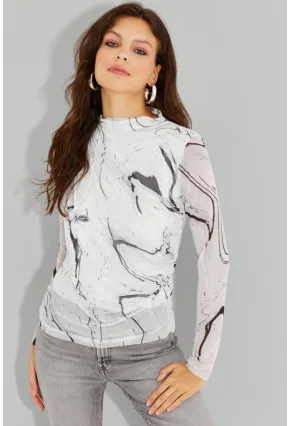 Kadın Beyaz Büzgülü Astarlı Tül Bluz LPP1231