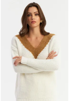 Kadın Beyaz-Camel V Yaka Triko Kazak SMT2434