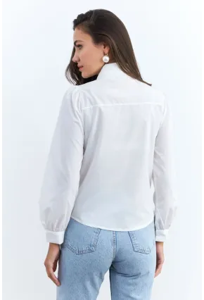 Kadın Beyaz Dantelli Balon Kol Gömlek MQS2492