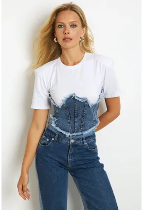 Kadın Beyaz Denim Bloklu Vatkalı  Bluz YZ636