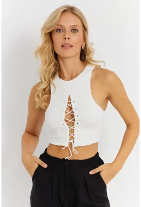 Kadın Beyaz Detaylı Crop Bluz AYD375