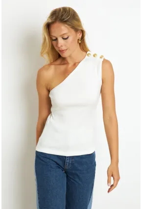 Kadın Beyaz Düğme Detaylı Kaşkorse Bluz EY2711