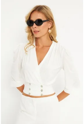 Kadın Beyaz Düğme Detaylı Kruvaze Bluz ELT3188
