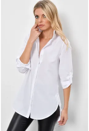 Kadın Beyaz Gizli Düğmeli Uzun Gömlek SF2001