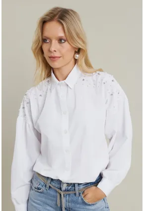 Kadın Beyaz İncili Balon Kol Gömlek MASF16